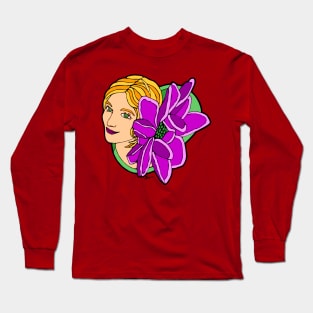 Blonde Woman with Large Pink Flower Long Sleeve T-Shirt